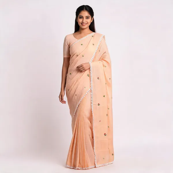 Peach_Kota_Doriya_Floral_Embroidered_Lace_Border_Saree_For_Women