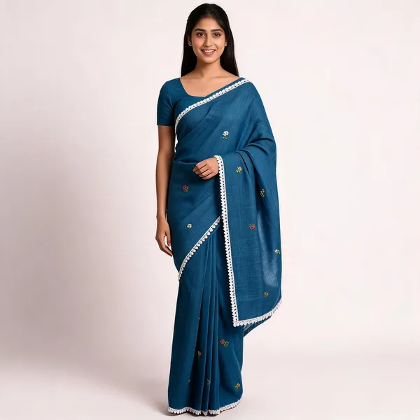 Teal_Kota_Doriya_Floral_Embroidered_Crochet_Lace_Border_Saree_For_Women