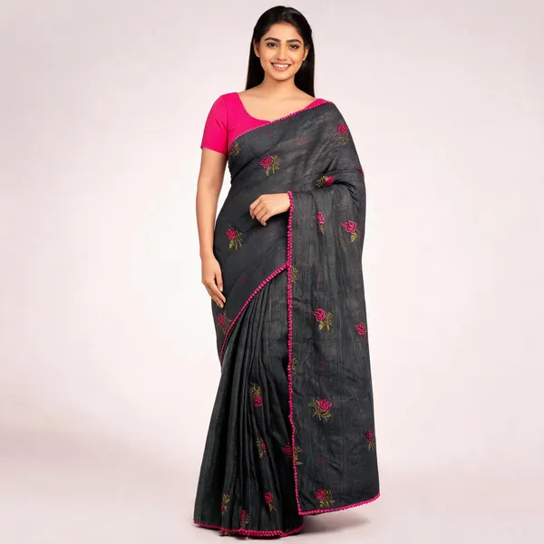 Black_Kota_Doriya_Rose_Embroidered_Saree_For_Women