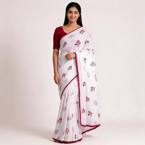 White_Kota_Doriya_Floral_Print_Maroon_Lace_Border_Saree_For_Women