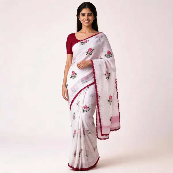 White_Kota_Doriya_Floral_Print_Maroon_Lace_Border_Saree_For_Women