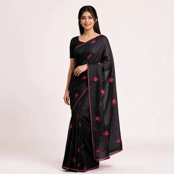 Black_Kota_Doriya_Tulip_Motif_Embroidered_Saree_For_Women