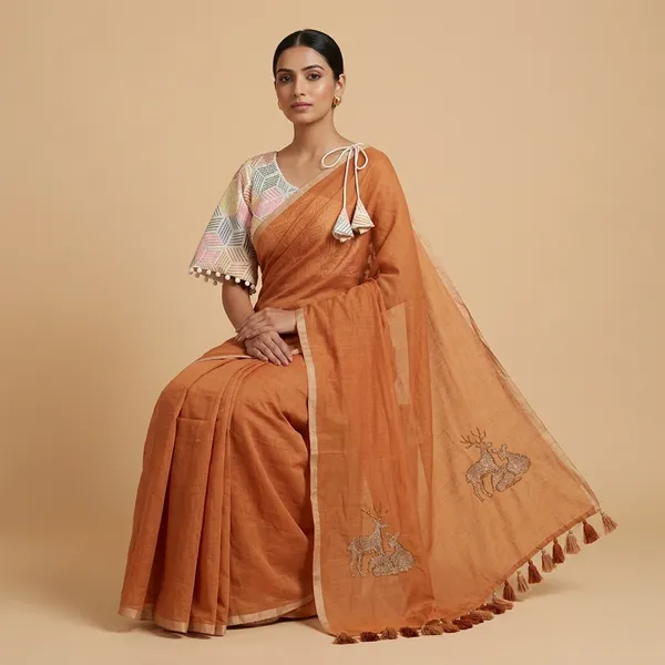Rust_Chanderi_Cotton_Deer_Motif_Embroidered_Saree_For_Women