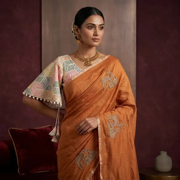 Rust_Chanderi_Cotton_Deer_Motif_Embroidered_Saree_For_Women