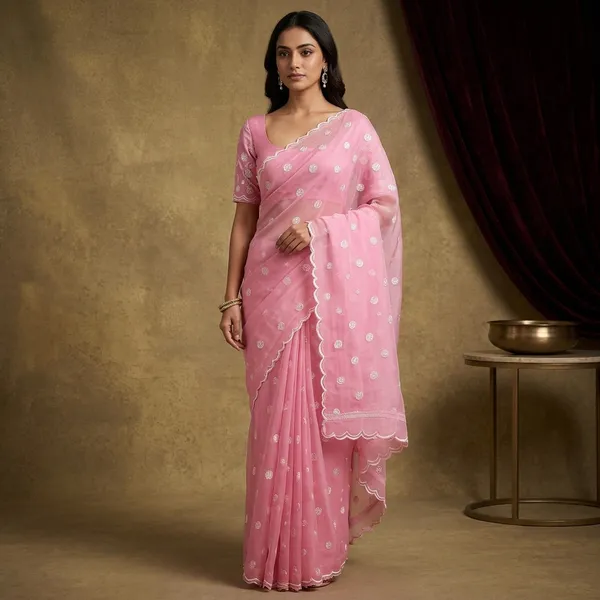 Pink_Organza_Polka_Dot_Scallop_Border_Unstitched_Suit_Fabric_For_Women