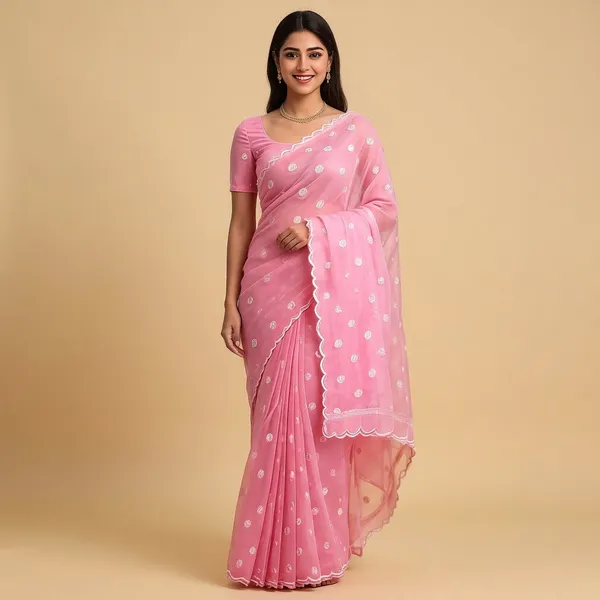 Pink_Organza_Polka_Dot_Scallop_Border_Unstitched_Suit_Fabric_For_Women
