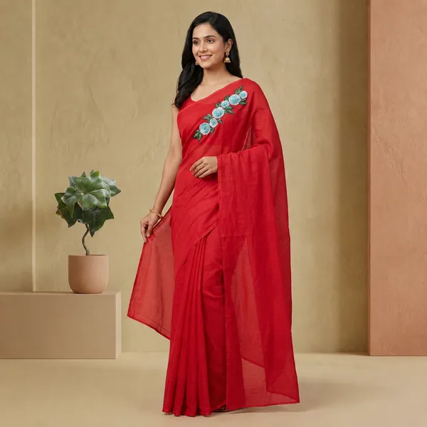 Red_Kota_Doriya_Floral_Embroidered_Saree_For_Women