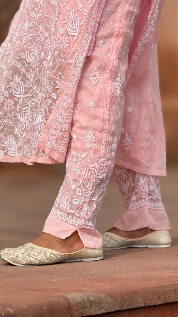 Mul_Chanderi_4_Piece_Kurta_Set_-_Carrot_Pink