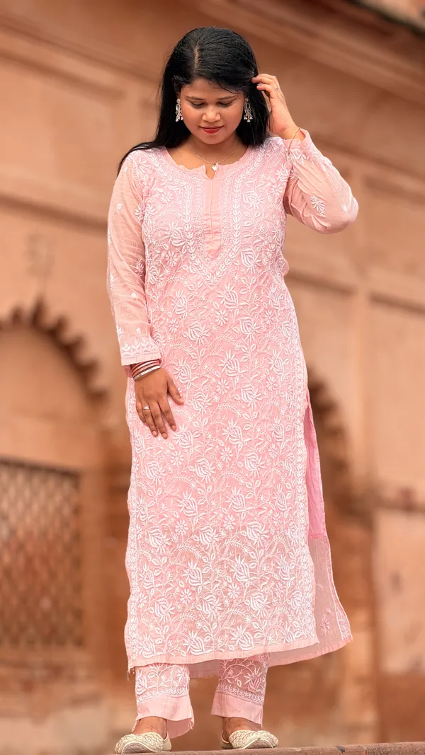 Mul_Chanderi_4_Piece_Kurta_Set_-_Carrot_Pink
