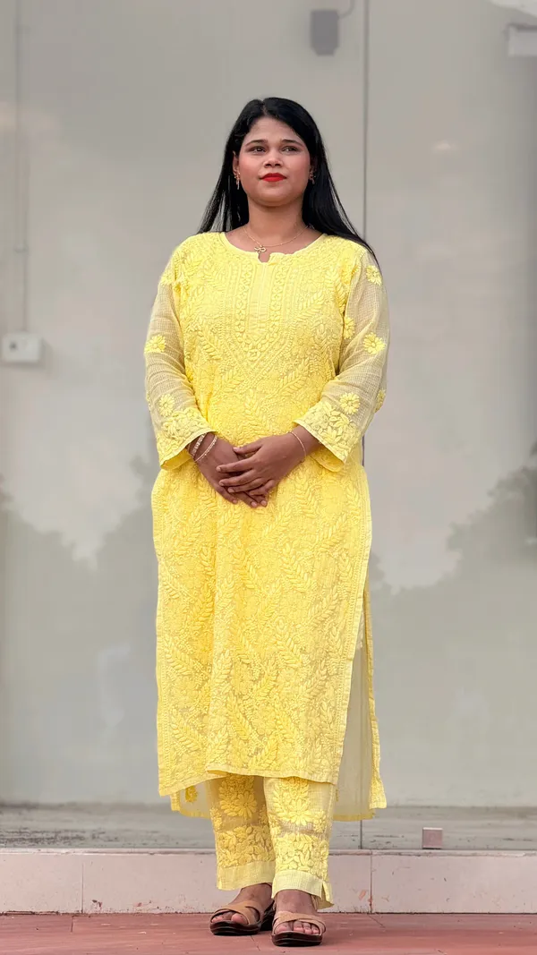 Pure_Kota_Doria_Chikankari_Kurta_4_Piece_Sets_-_Bright_Yellow