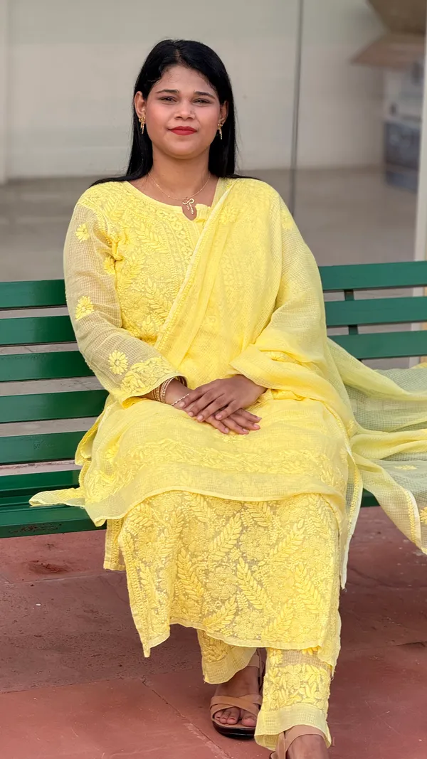 Pure_Kota_Doria_Chikankari_Kurta_4_Piece_Sets_-_Bright_Yellow