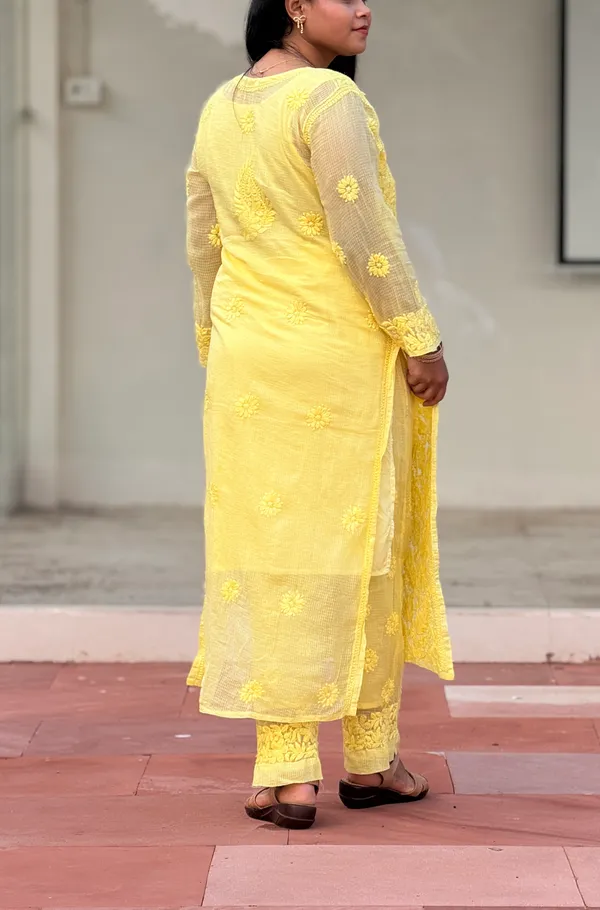 Pure_Kota_Doria_Chikankari_Kurta_4_Piece_Sets_-_Bright_Yellow