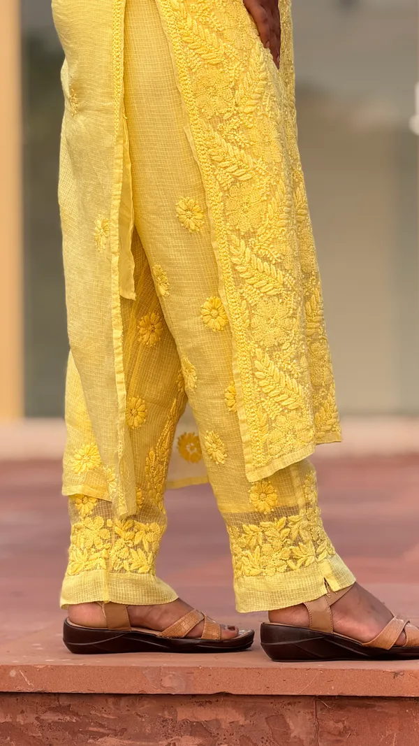 Pure_Kota_Doria_Chikankari_Kurta_4_Piece_Sets_-_Bright_Yellow