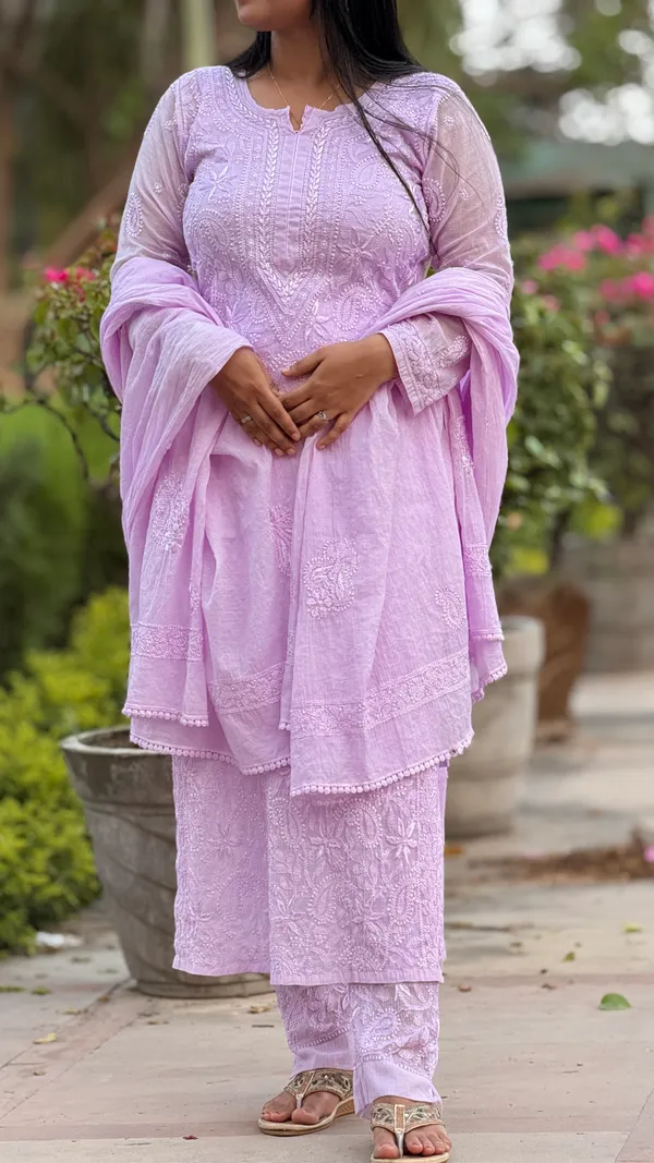 Mul_Chanderi_4_Piece_Kurta_Set_-_Lavender