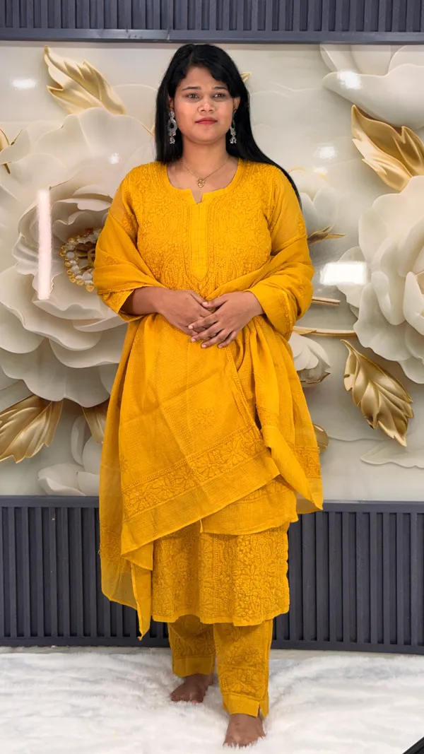 Pure_Kota_Doria_4_Piece_Kurta_Sets_-_Mustard