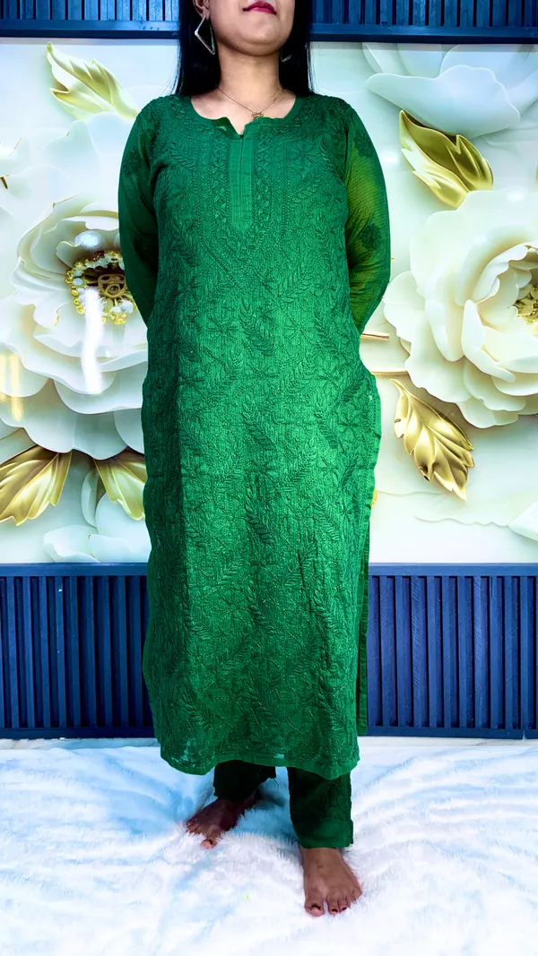 Pure_Kota_Doria_Chikankari_Kurta_4_Piece_Sets_-_Bottle_Green
