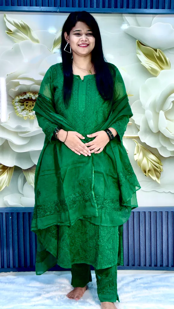 Pure_Kota_Doria_Chikankari_Kurta_4_Piece_Sets_-_Bottle_Green