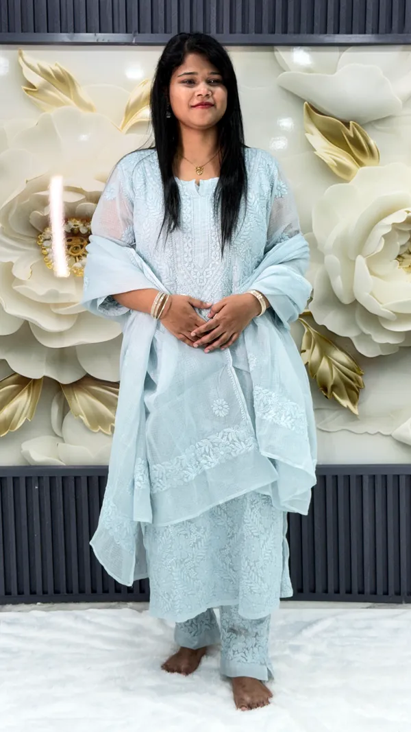 Pure_Kota_Doria_Chikankari_Kurta_4_Piece_Sets_-_Ice_Blue