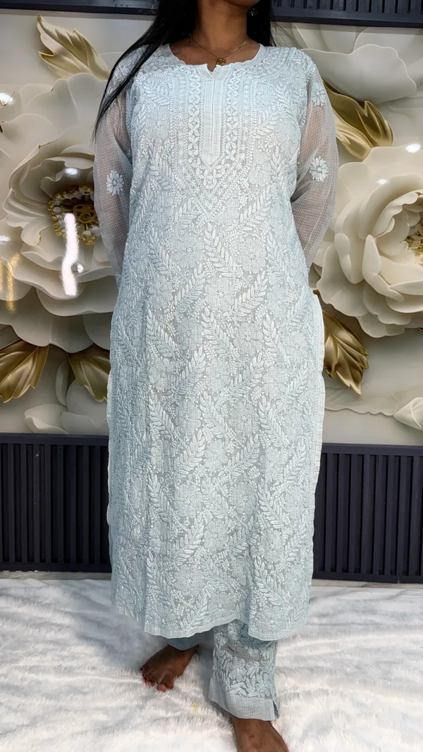 Pure_Kota_Doria_Chikankari_Kurta_4_Piece_Sets_-_Ice_Blue