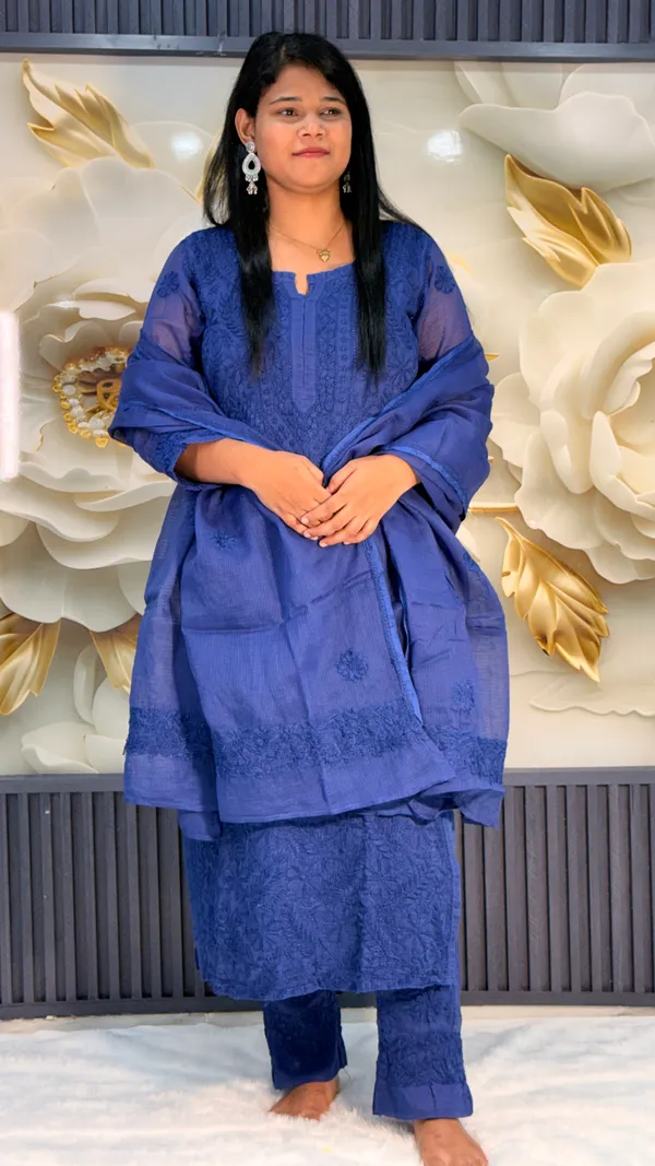 Pure_Kota_Doria_Chikankari_Kurta_4_Piece_Sets_-_Iris_Blue