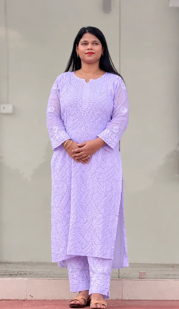 Pure_Kota_Doria_Chikankari_Kurta_4_Piece_Sets_-_Lavender
