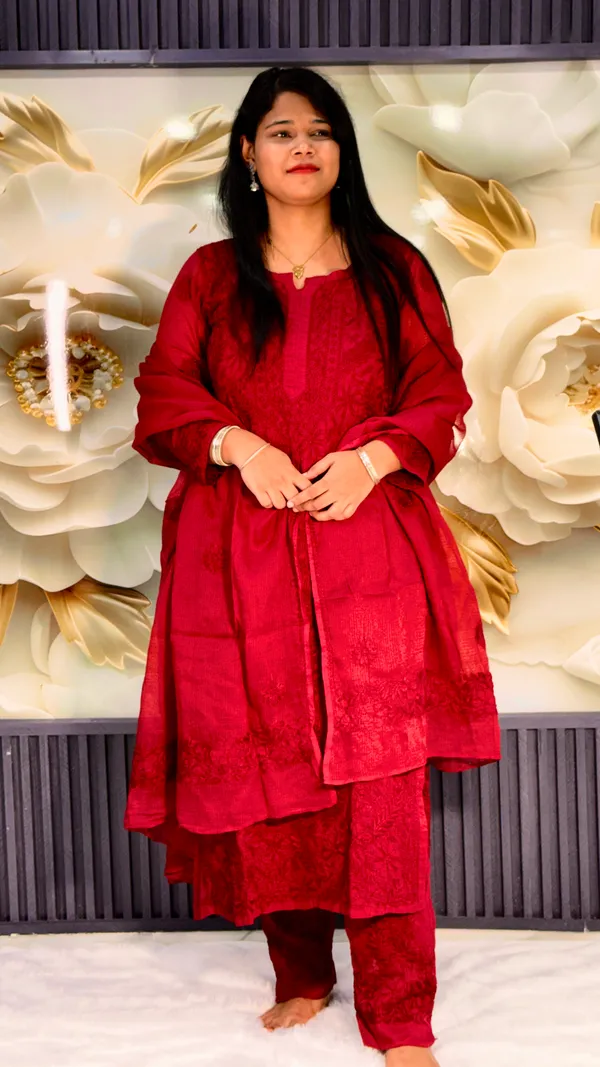Pure_Kota_Doria_Chikankari_Kurta_4_Piece_Sets_-_Maroon