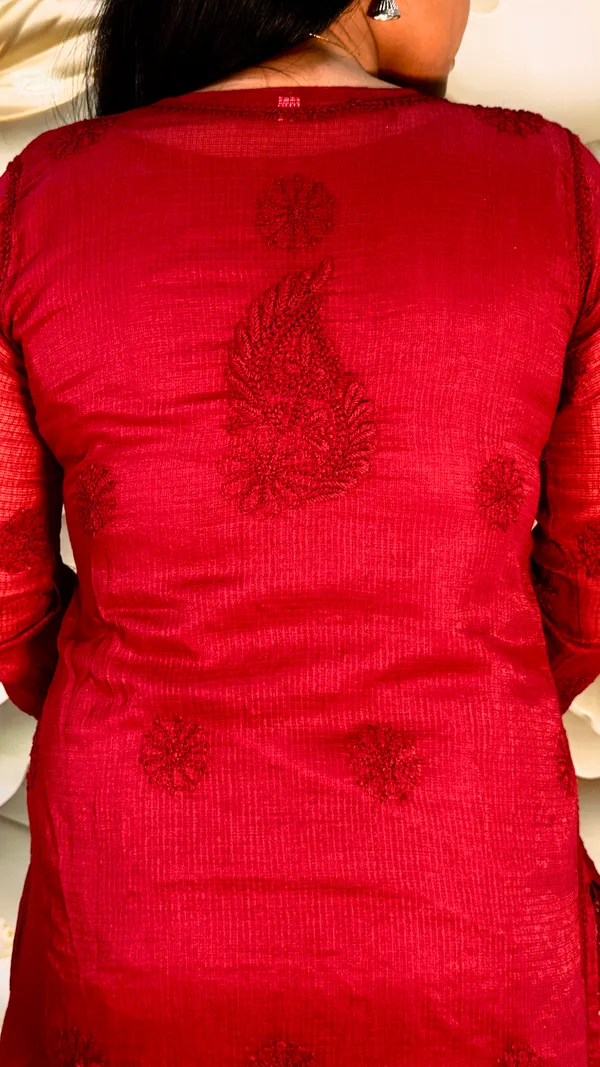 Pure_Kota_Doria_Chikankari_Kurta_4_Piece_Sets_-_Maroon