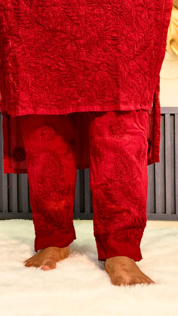 Pure_Kota_Doria_Chikankari_Kurta_4_Piece_Sets_-_Maroon