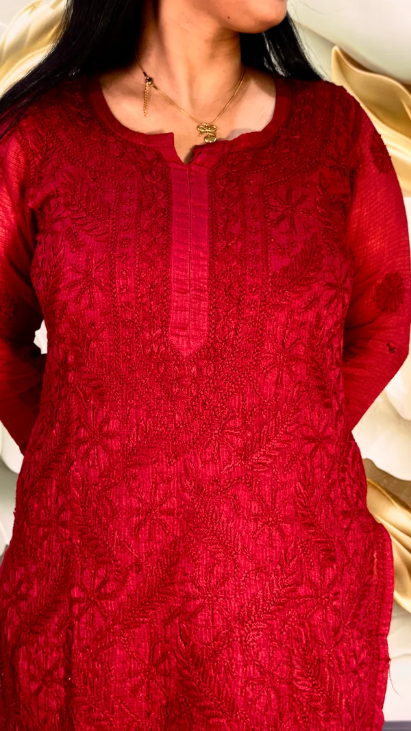 Pure_Kota_Doria_Chikankari_Kurta_4_Piece_Sets_-_Maroon