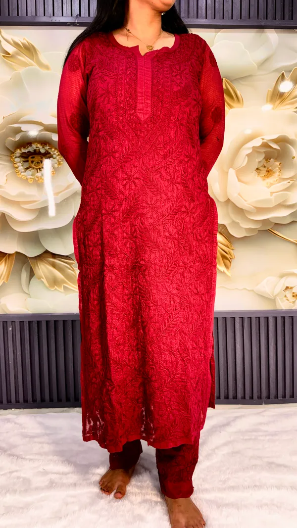 Pure_Kota_Doria_Chikankari_Kurta_4_Piece_Sets_-_Maroon