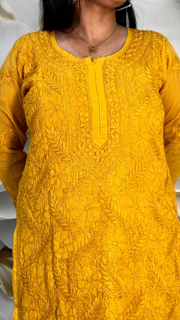 Pure_Kota_Doria_Chikankari_Kurta_4_Piece_Sets_-_Mustard
