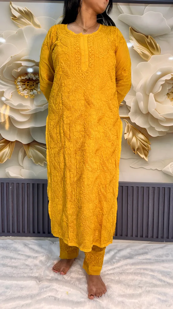 Pure_Kota_Doria_Chikankari_Kurta_4_Piece_Sets_-_Mustard