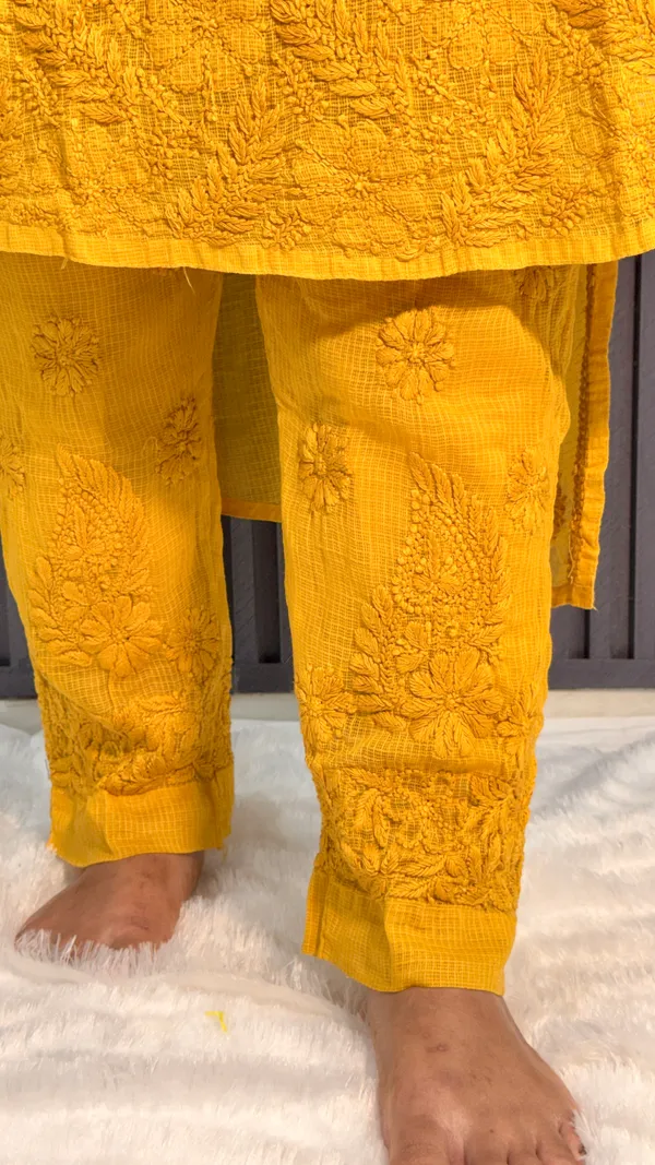 Pure_Kota_Doria_Chikankari_Kurta_4_Piece_Sets_-_Mustard
