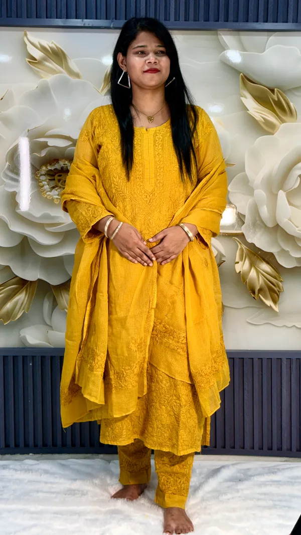 Pure_Kota_Doria_Chikankari_Kurta_4_Piece_Sets_-_Mustard