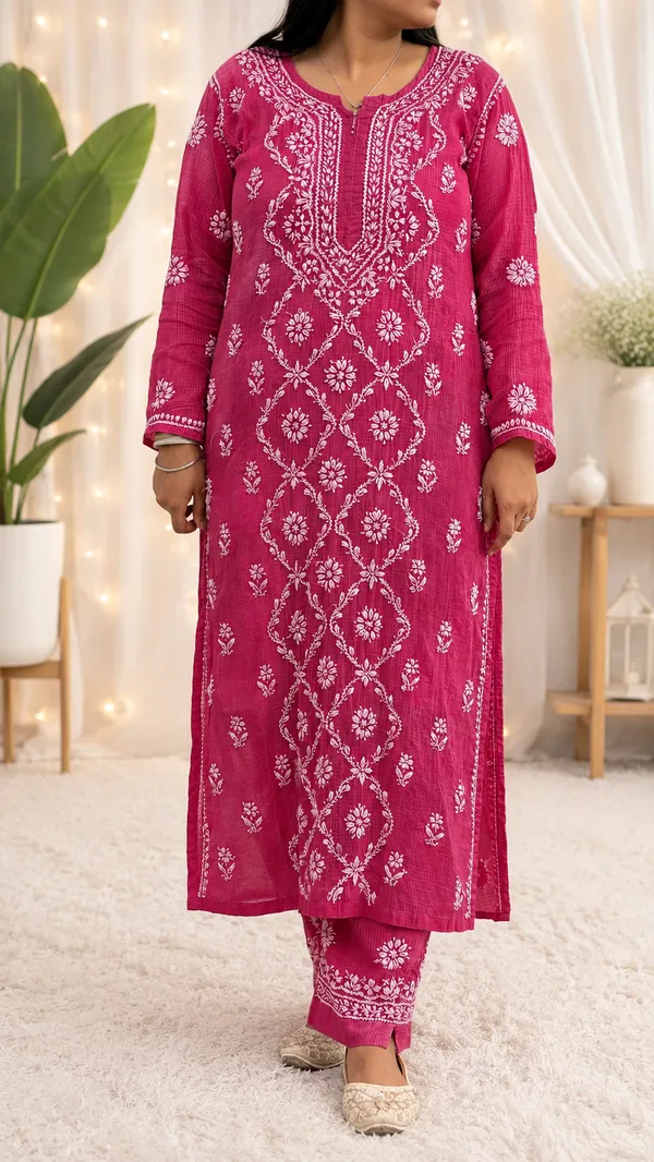 Pure_Kota_Doria_Chikankari_Kurta_Sets_-_Dark_Pink