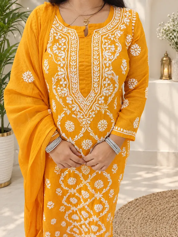 Pure_Kota_Doria_Chikankari_Kurta_Sets_-_Mustard