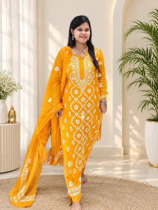 Pure_Kota_Doria_Chikankari_Kurta_Sets_-_Mustard