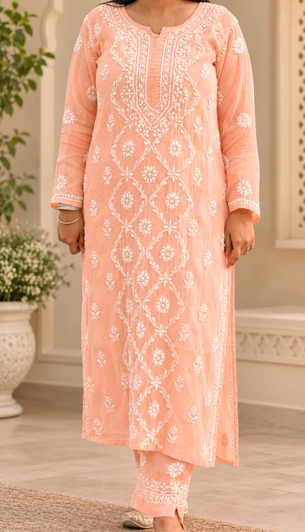 Pure_Kota_Doria_Chikankari_Kurta_Sets_-_Peach