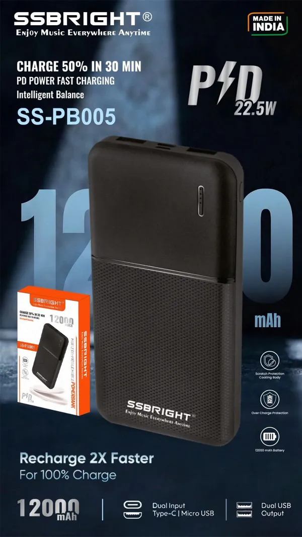 Everlite_12000Mah_22.5W_Fast_Charging_Power_Bank_Black