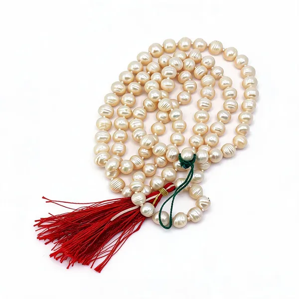 White_Freshwater_Pearl_Beaded_Mala_With_Red_Tassel
