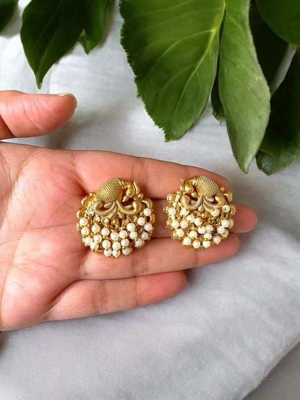Gold_Brass_Peacock_Pearl_Beaded_Stud_Earrings_For_Women