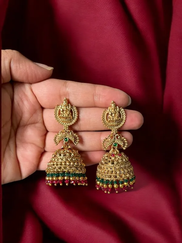 Gold_Brass_Peacock_Motif_Pearl_Beaded_Jhumki_Earrings_For_Women