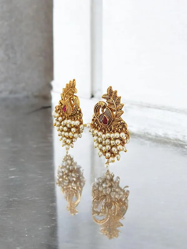 Gold_Brass_Peacock_Pearl_Stud_Earrings_For_Women