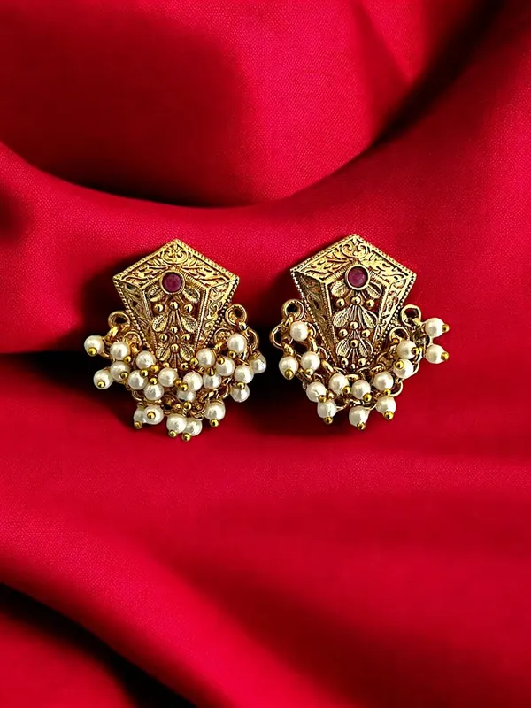 Gold_Brass_Pearl_Beaded_Stud_Earrings_For_Women