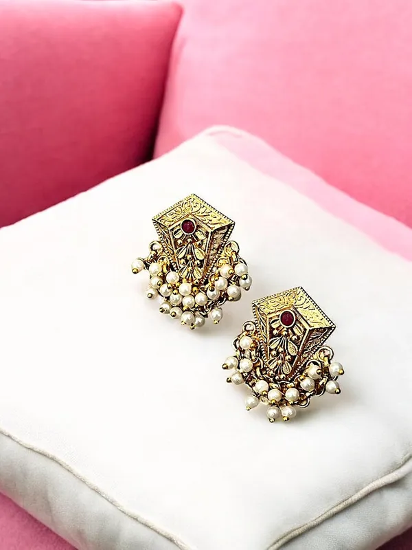 Gold_Brass_Pearl_Beaded_Stud_Earrings_For_Women