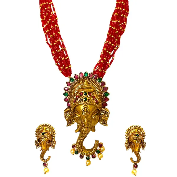 Gold_Brass_Red_Bead_Ganpati_Pendant_Layered_Necklace_Set_For_Women