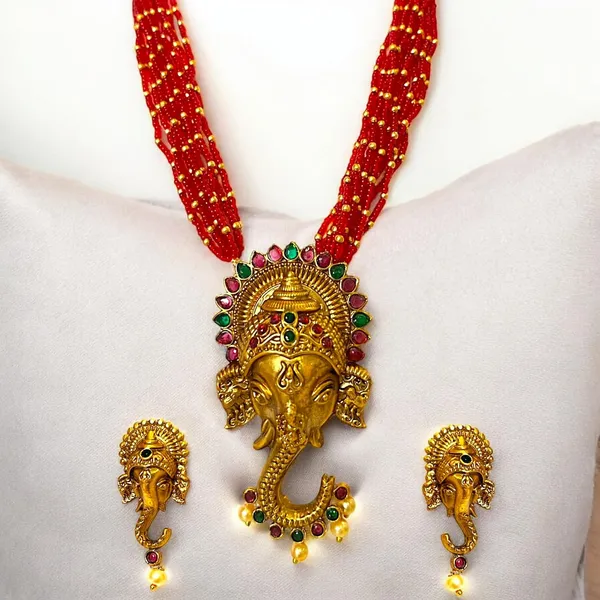 Gold_Brass_Red_Bead_Ganpati_Pendant_Layered_Necklace_Set_For_Women