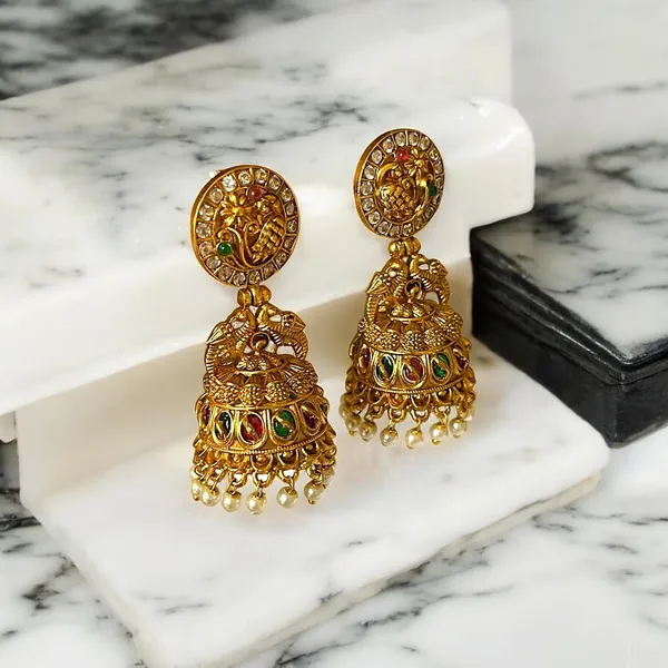 Gold_Brass_Peacock_Pearl_Beaded_Jhumka_Earrings_For_Women