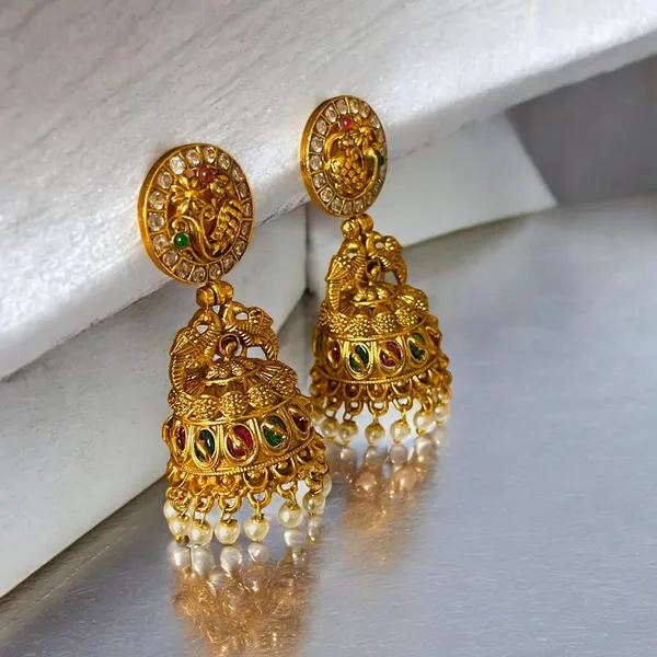 Gold_Brass_Peacock_Pearl_Beaded_Jhumka_Earrings_For_Women
