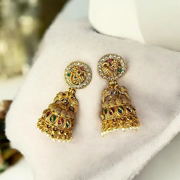 Gold_Brass_Peacock_Pearl_Beaded_Jhumka_Earrings_For_Women